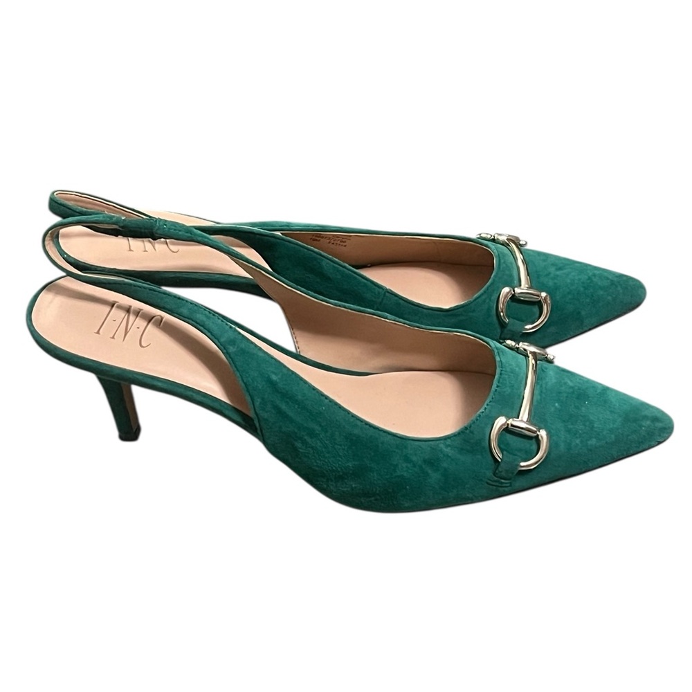 INC International Concepts Carynn green suede horsebit slingback kitten heels - Picture 2 of 9